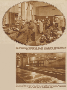 872887 Collage van 2 foto's betreffende de telefoon- en telegraafdienst van de P.T.T. in het Hoofdpostkantoor (Neude ...